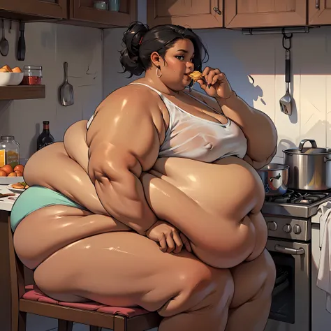 (masterpiece, best quality, highres, detailed, realistic:1.2), young black african american woman, USSBBW, (morbidly obese:1.2), (fatblob:1.2), detailed face, beautiful face, messy, slob, high aesthetic, panties, eating, (side view:1.1), sitting, kitchen
