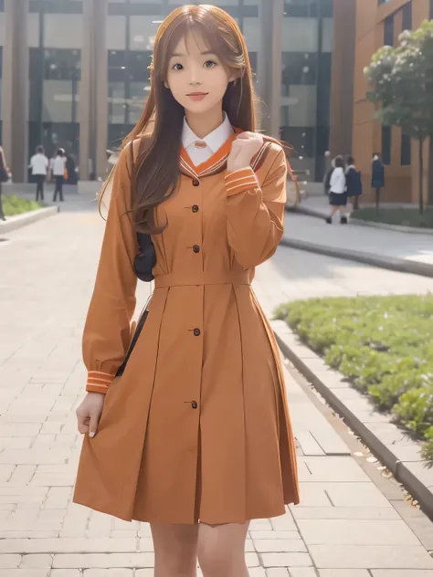 there is a woman in a brown mix orange dress posing for a picture, magical school student uniform, loose coat collar sailor uniform, wearing orange japanese , magic , japanese , she has long orange brown hair, japanese girl , ulzzang, korean womens fashion...