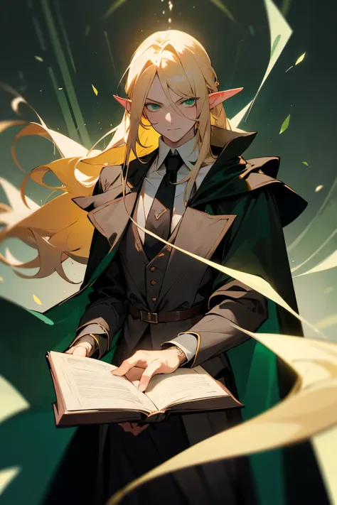 1 elf guy, long blonde hair, green eyes, tall, wearing aristocratic white shirt and long black tie, aristocratic long black cape, strict, holding book, serious, fantasy, dnd, medieval, magic, wizzard, green, high res, ultrasharp, 8K, masterpiece, looking b...