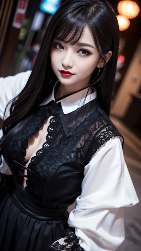 detailed、Japanese、charming beauty、seductive adult woman、Beautiful woman、sharp eyes、cool girl、wavy hair、flowing bangs、long black cheongsam、wide sleeve、evilの幹部、evil depravity、brainwashing、Mind control、lipstick、lip gloss、grin、evilな表情、evil、empty eyes、evil、nigh...