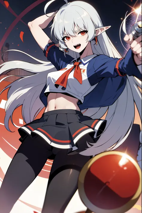 nm1, headphones around neck, masterpiece, best quality, absurdres, incredibly detailed, official artwork, happy, breasts, looking at viewer,solo, large breasts, happy,ahoge,earings,dumbells, stomach ,alice vampire grey hair, long hair, red eyes, pointy ear...