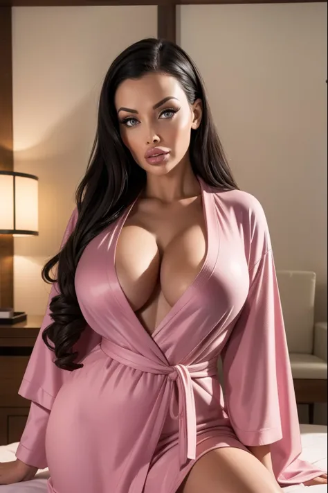 aletta_ocean, escote, dressing gown, she wears just the dressing gown, lleva solo una bata, japanese design robe, the dressing gown has a japanese design, de pie, de pie, in a luxury Japanese spa, in a luxury japanese spa, sugerente, provocativa, erotica, ...