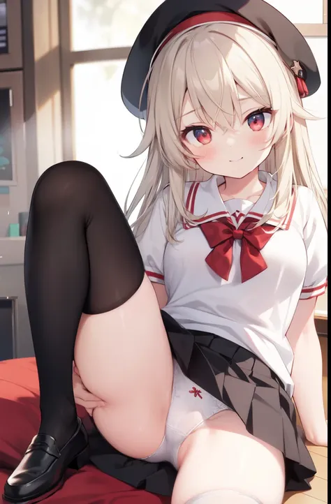 illyasvielvoneinzbern, illyasviel von einzbern, blonde hair, hair between eyes, long hair, (red eyes:1.5),
BREAK beret, black skirt, brown footwear, collared shirt, hat, homurahara academy , kneehighs, loafers, pleated skirt, puffy short sleeves, puffy sle...