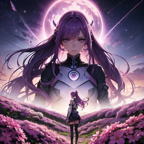 Purple futuristic sky, alien landscape, giant garden of various pink flowers, young woman, look to the heavens, sad expression, long braided flowing ponytails, ash hair color, Manga character, ReCreator, Altair, anime.