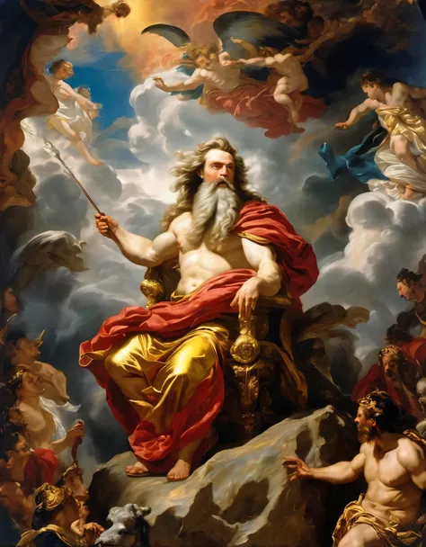 (Mythological Renaissance painting:1.5) Dramatic photo in the style of a baroque mythology painting, showing Zeus, the king of the Olympian gods, seated powerfully on his throne of storm clouds atop Mount Olympus, thunderbolts clutched in his muscled hand,...