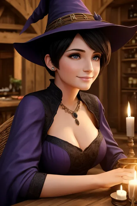 beautiful witch woman, with short black hair, purple eyes, big bust, dressed witch clothes, sitting in a tavern smiling, realist...