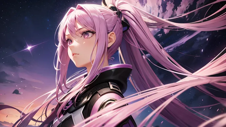 Purple futuristic sky, alien landscape, giant garden of various pink flowers, young woman, look to the heavens, sad expression, long braided flowing ponytails, ash hair color, Manga character, ReCreator, Altair, anime.