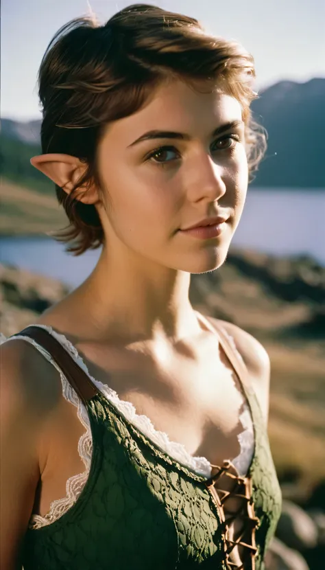 analog film photo, photo of a young woman, 18 years-old, (lace-up tank top:1.1), elf, elf ears, long pointy ear tips, brown eyes, light-brown sun-tanned skin, goosebumps, pretty, natural beauty, resembles a young Mary Elizabeth Winstead, chilly morning, No...