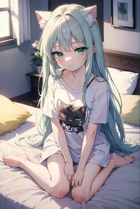 index, index, (green eyes:1.5), silver hair, long hair, (flat chest:1.2),cat ear,cat tail,happy smile, smile, open your mouth,t-...