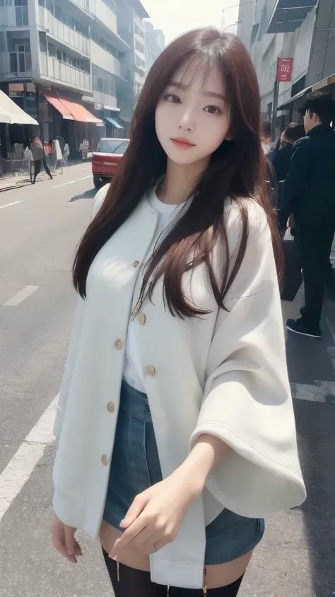 ((high quality, masterpiece:1.4)), 1 woman, ((elegant, majestic, beautiful, korean, upper body, street clothes:1.4, pretty face, At noon, street background:1.2)), absurd, high details, convoluted, convoluted details, sharp focus, screen space reflection, R...