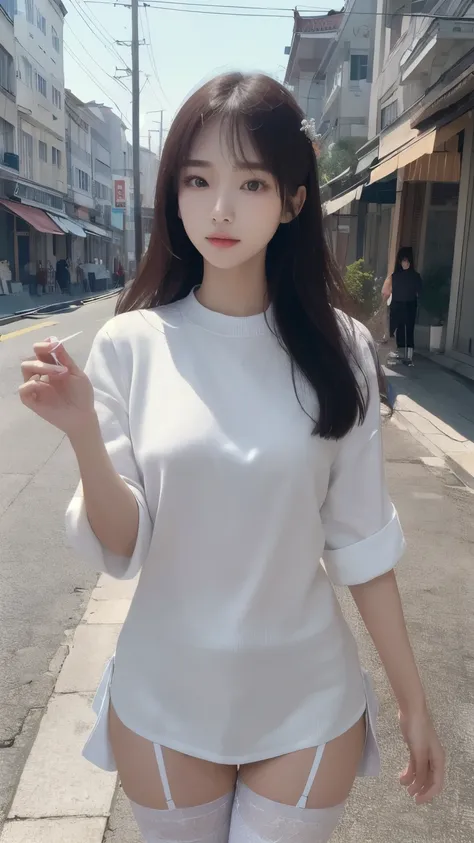 ((high quality, masterpiece:1.4)), 1 woman, ((elegant, majestic, beautiful, korean, upper body, street clothes:1.4, pretty face, At noon, street background:1.2)), absurd, high details, convoluted, convoluted details, sharp focus, screen space reflection, R...