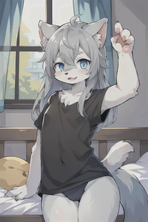 anthro boy cat, long hair, cat tail, solo, furry, furry boy, (girly, young, gray fur, gray body, blue eyes, gray hair:1.2), (panties, t-short, black clothes), (detailed background, window, room, day, summer, storm, street, gray background), pose