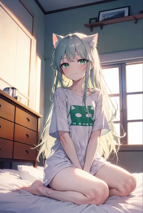 index, index, (green eyes:1.5), silver hair, long hair, (flat chest:1.2),cat ear,cat tail,happy smile, smile, open your mouth,t-...