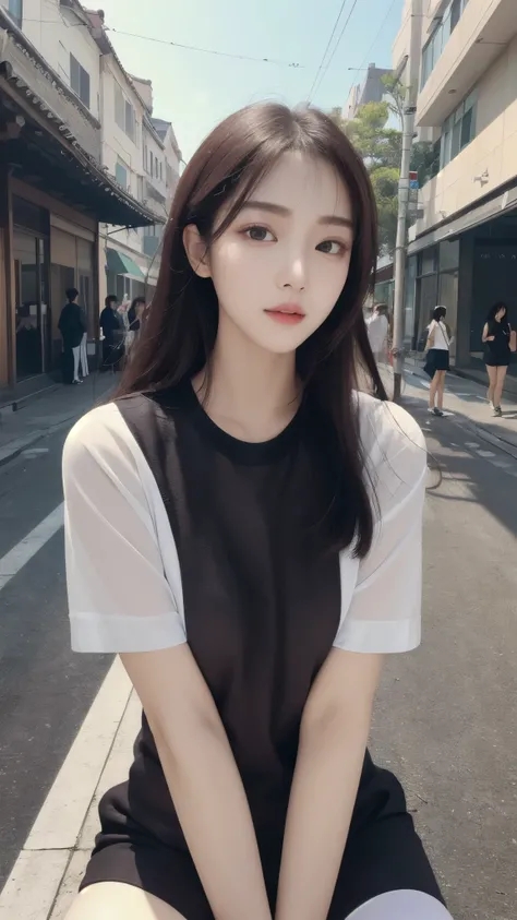 ((high quality, masterpiece:1.4)), 1 woman, ((elegant, majestic, beautiful, korean, upper body, street clothes:1.4, pretty face, At noon, street background:1.2)), absurd, high details, convoluted, convoluted details, sharp focus, screen space reflection, R...