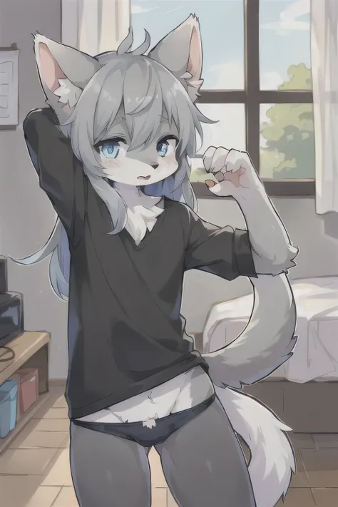 anthro boy cat, long hair, cat tail, solo, furry, furry boy, (girly, young, gray fur, gray body, blue eyes, gray hair:1.2), (panties, t-short, black clothes), (detailed background, window, room, day, summer, storm, street, gray background), pose