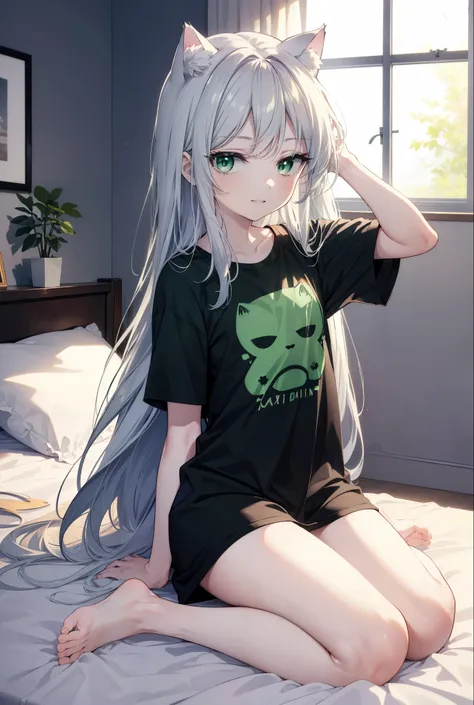 index, index, (green eyes:1.5), silver hair, long hair, (flat chest:1.2),cat ear,cat tail,happy smile, smile, open your mouth,t-...