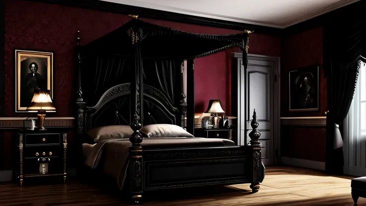 Create a compelling scene in the style of the 1880s of an opulent bedroom within Arafed, featuring a grand fireplace casting flickering shadows across ornate gothic walls. The bed, adorned with a luxurious canopy, commands attention, draped in rich, dark f...