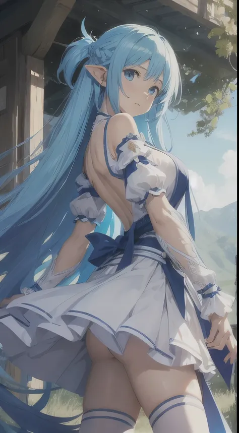 masterpiece, best quality, highres, bbasuna, long hair, blue hair, blue eyes, pointy ears, white dress, detached sleeves, blue thighhighs, from side, field, cowboy shot