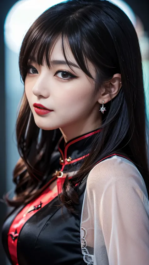 detailed、Japanese、charming beauty、seductive adult woman、Beautiful woman、sharp eyes、cool girl、wavy hair、flowing bangs、long black cheongsam、wide sleeve、evilの幹部、evil depravity、brainwashing、Mind control、lipstick、lip gloss、grin、evilな表情、evil、empty eyes、evil、nigh...