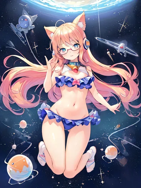 ((masterpiece)), ((highest quality)), (Super detailed), (cute), cute, cute, Lovely, figure, anime style, full body, full body focus, (beautiful eyes), a cute girl, 1 girl, alone, outer space, floating in space, Ruffled bikini swimwear, beautiful straight l...