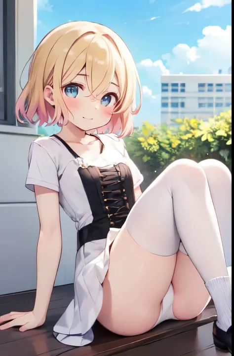 maminanami, mami nanami, short hair, blue eyes, blonde hair, hair between eyes, (small breasts:1.2),
BREAK skirt, shirt, collarbone, white shirt, short sleeves, frills, shoes, socks, white socks, corset,
BREAK looking at viewer, full body,
BREAK outdoors,
...