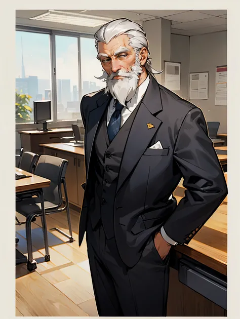 1male , Suit , Old Male , Grey slick back hair , Grey Beard , Standing infront of desk , principals office background , 