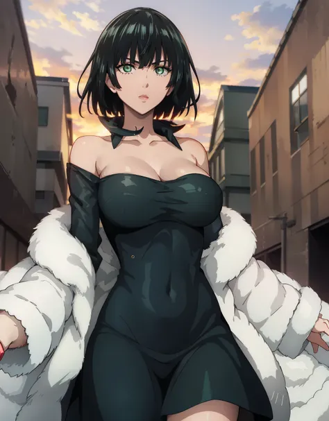 fubuki, fubuki, black hair, (green eyes:1.5), short hair, BREAK black dress, dress, fur coat, high collar, jewelry, necklace, off shoulder, taut clothes, taut dress, BREAK outdoors, BREAK looking at viewer, (cowboy shot:1.5), BREAK (masterpiece:1.2), best ...