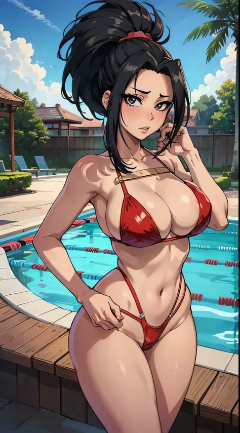 (best quality:1.3), yaoyorozu momo, busty, cleavage, bikini leotard, seductive, sexy, curvy body, big , ((thong bikini latex)), ((pool))