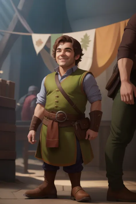 a man in a green vest and brown pants, fantasy art smile smug man, bardo masculino sorridente, inspirado em Johannes Helgeson, a portrait of a male halfliing, arte detalhada do personagem, personagem pequeno. motor irreal 5, personagem altamente detalhado,...