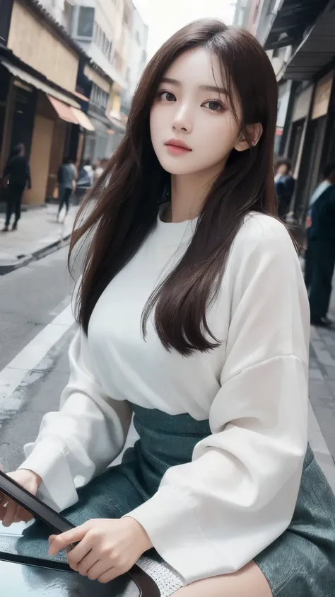 ((high quality, masterpiece:1.4)), 1 woman, ((elegant, majestic, beautiful, korean, upper body, street clothes:1.4, pretty face, At noon, street background:1.2)), absurd, high details, convoluted, convoluted details, sharp focus, screen space reflection, R...