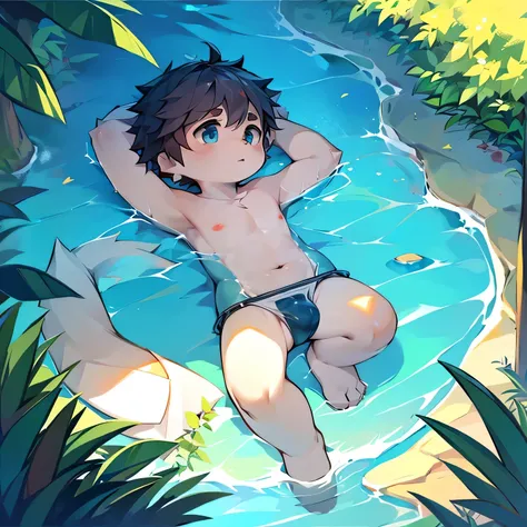 Shota，swim，（best quality），（masterpiece），Wear only transparent thongs，no shirt，no coat，lying in water