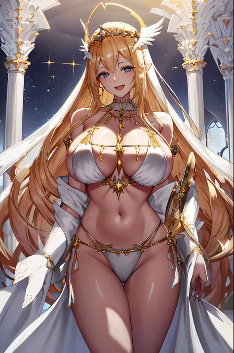 priestess,valkyrie,angel wings,navel,sideboob,complex,light particles,thighs,shiny skin,He wears a necklace around his long neck.、A room with a high ceiling and two chandeliers、perfect lighting,Thighs、wearing a white bikini、smile with wide open mouth、1girl...