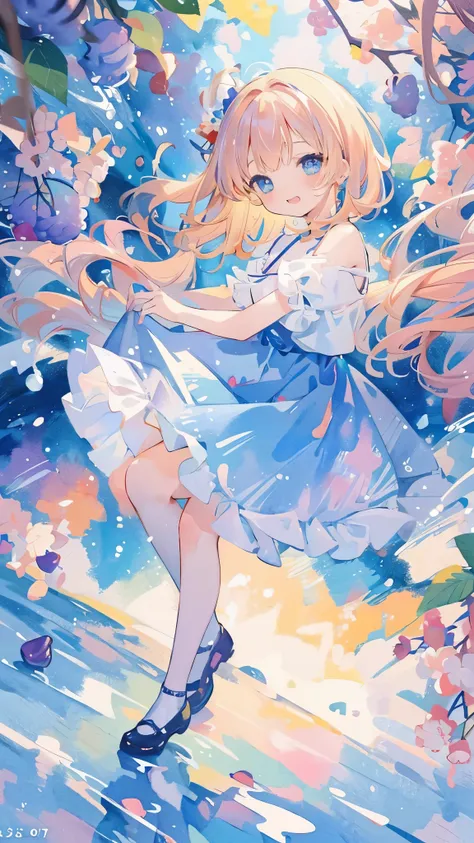 NSFW,(highest quality）、（masterpiece：1.2）、（colorful：0.9）、（color scattering）、（watercolor painting)、sharp focus、High resolution, (anime style:1.1), ((highest quality)), (Super detailed), (beautiful), alone,alice in wonderland、cute、blue ribbon on head、masterpi...