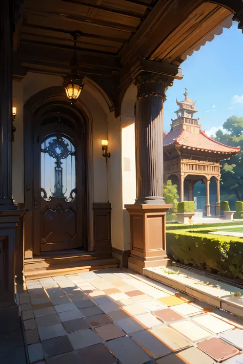 rustic style mansion, em pedra branca, glass and dark wood and reddish tiles with a garden with a white iron gate and a gazebo in the same style.