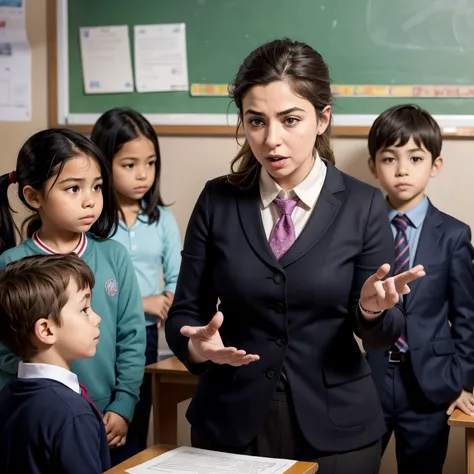 RAW, Best quality, high resolution, Masterpiece: 1.3,
Famous Chilean teacher, Gabriela Mistral,
Masterpiece, Engaging scene, Classroom,
Many attentive children, Looking at Gabriela Mistral,
Realistic, Detailed, 1 scene,
Warm lighting, Wide angle shot,
Gabr...