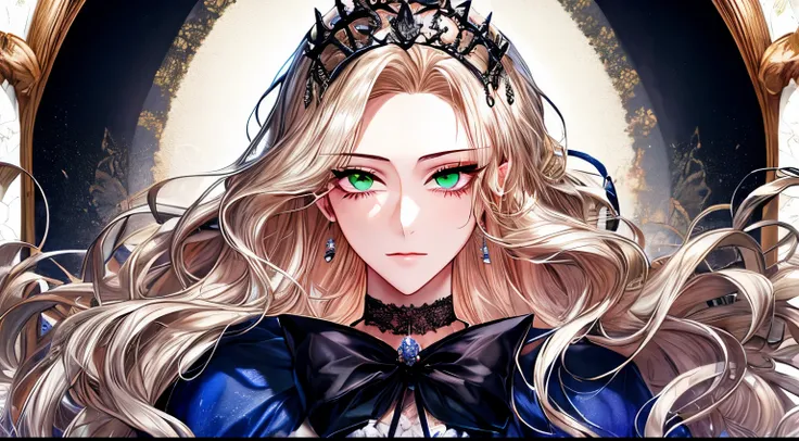 shoujo-style, floral background, romance manhwa, 1girl, blonde hair, solo, long hair, flower, dress, tiara, white dress, gloves, long sleeves, choker, green eyes, mascara, makeup, white gloves, black bow, black flower, wavy hair, bow, jewelry, looking at v...