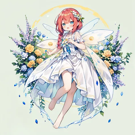 Pastel Watercolor、redhead, 1 girl, (Wearing large transparent fairy wings with polka dots：1.3)、Striking an action pose、braid hair：1.3，
smile with open mouth、Full body Esbian、From the side、beautiful features、brightly colored eyes、Wearing intricate and delic...