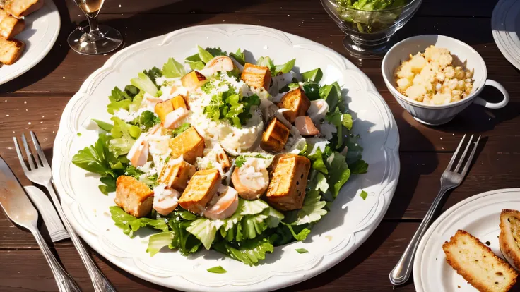 1924, from above, a Caesar salad with croutons on a table, photorealistic style