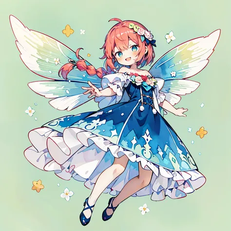 Pastel Watercolor、redhead, 1 girl, (Wearing large transparent fairy wings with polka dots：1.3)、Striking an action pose、braid hair：1.3，
smile with open mouth、Full body Esbian、From the side、beautiful features、brightly colored eyes、Wearing intricate and delic...