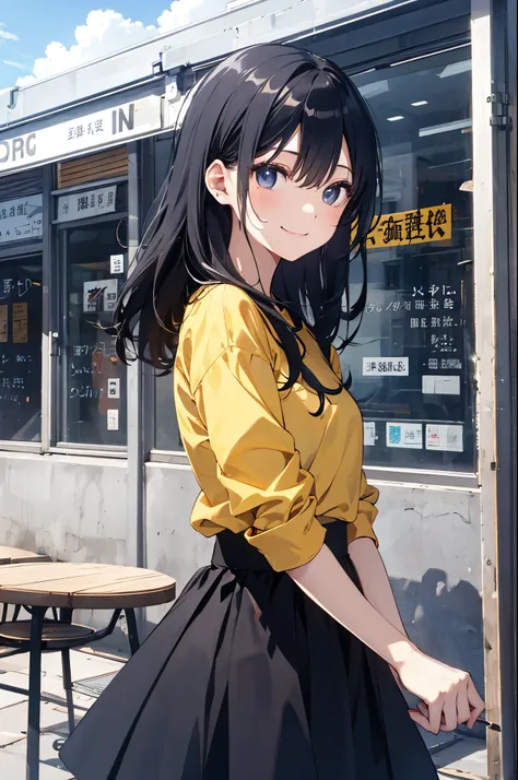 （Pretty sister:1.3）、long eyelashes、happy face,spring atmosphere、noon、aggressive、hot、((strong wind))、black skirt、shining eyes、Yellow Y-shirt、Cafe