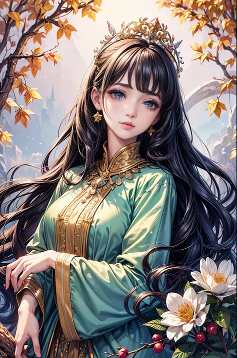 (highest quality,8K,cg),Upper body details, girl,flower forest background,complex facial features,elegant long curly hair,large almond shaped eyes,detailed eye makeup,long eyelashes,twinkling stars,exquisite lip detail,soft and harmonious style.