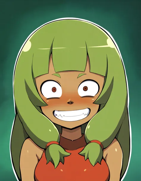 masterpiece,8k,wakfu,1girl,solo,looking at viewer,blush,smile,green hair,teeth,grin,constricted pupils,