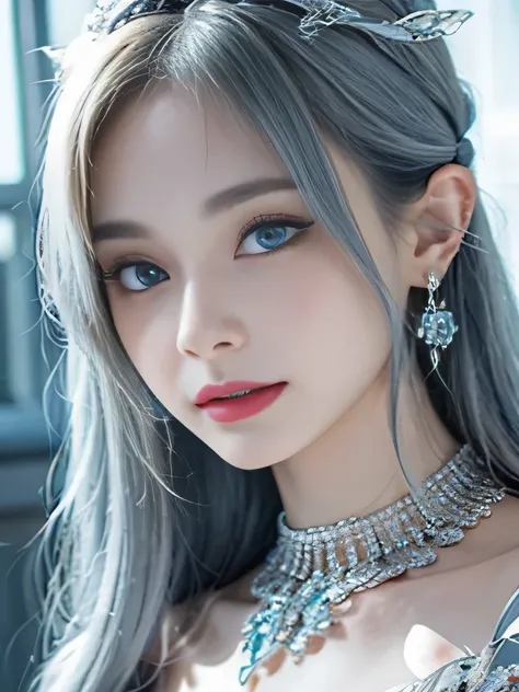 8K、she is a wind fairy、angel wings on the back、blue eyes、Dress that shows your collarbones、blue sky background、close up of face、gray hair、big feathers、Blue and white background、platinum decoration、platinum earrings、platinum necklace、Platinum Silver Hair、pl...