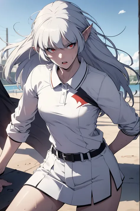 alice,vampire,grey hair, long hair, red eyes, pointy ears, small breasts,1girl, solo, white polo shirt, white sneakers, tennis wear, white miniskirt, masterpiece, best quality, realistic, hyper-detailed, (shiny skin, sweaty:1.2), absurd, looking at viewer,...