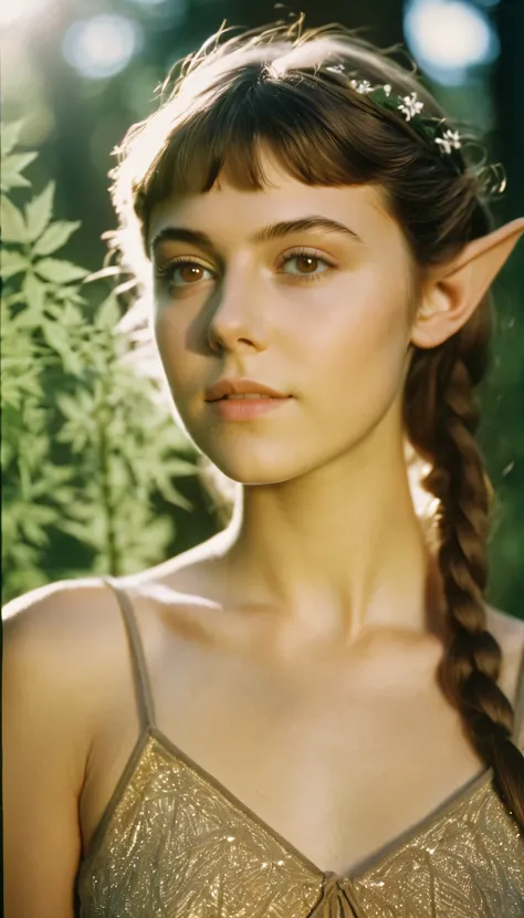 analog film photo, photo of a young woman, 18 years-old, (hemp crop top:1.1), elf, elf ears, long pointy ear tips, brown eyes, light-brown sun-tanned skin, goosebumps, pretty, natural beauty, resembles a young Mary Elizabeth Winstead, misty morning, elven ...