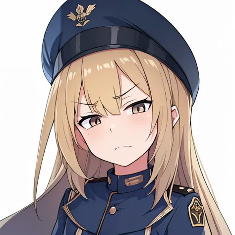 high quality, masterpiece. girl. blonde hair. brown eyes. gloomy face. gray german  military uniform.