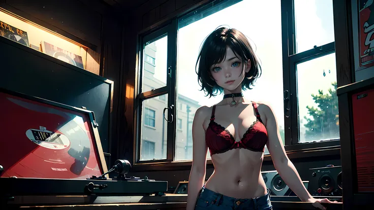 21 year old girl, short black hair, big eyes, sweet smile, small breasts, thin hips, 
choker collar, red bra, jean shorts,
standing, 
record store, vinyl, turntable,
open door, open window, 
evening, nighttime, raining outside
dramatic lighting, cinematic ...