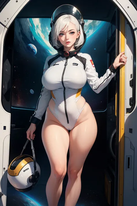 ((Best quality)), ((Best quality)), ((masterpiece)), (detailed), perfect face, ((best quality)), ((masterpiece)), (detailed), perfect face, young woman ,  completely in red latex uniform, holding a spacesuit helmet in his hand, space, spaceships and statio...