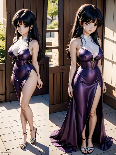 Garota anime de cabelo escuro com saia vestido longo purple meio transparente e espartilho, 16 anos, corpo bonito, seios grandes, com hand in panties , hand in hair, Garota sensual, blue cabelo, mechas de cabelo laterais, mechas de cabelo na lateral do ros...