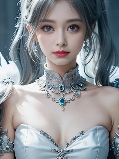 8K、she is a wind fairy、angel wings on the back、blue eyes、Dress that shows your collarbones、blue sky background、close up of face、gray hair、big feathers、Blue and white background、platinum decoration、platinum earrings、platinum necklace、プラチナsilver hair、platinu...